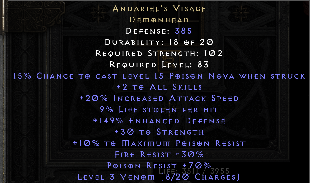 ANDARIEL'S VISAGE original item tooltip